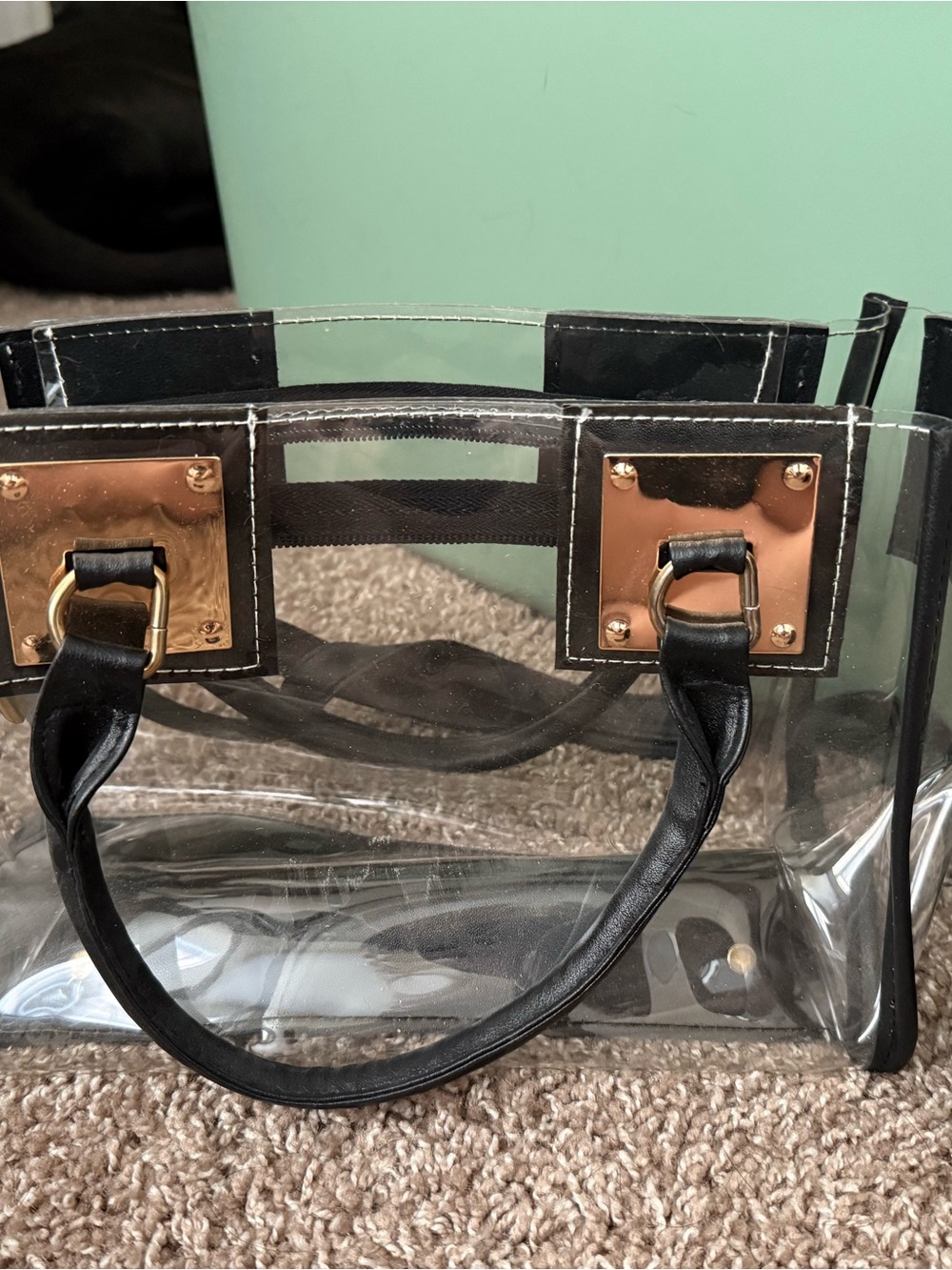 Clear Tote Bag with Black Trim and Gold Hardware